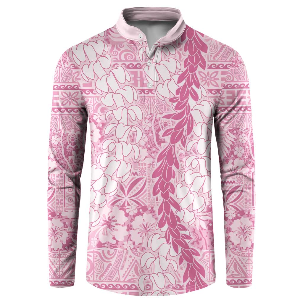 Pink Puakenikeni and Maile Lei Button Sweatshirt Hawaiian Style Tribal Tapa Double Strand Lei LT9 Pink - Polynesian Pride