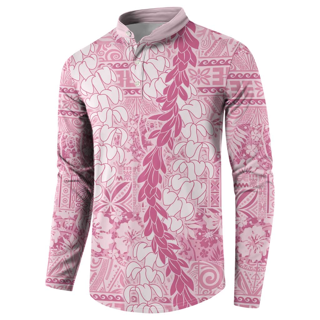 Pink Puakenikeni and Maile Lei Button Sweatshirt Hawaiian Style Tribal Tapa Double Strand Lei LT9 - Polynesian Pride