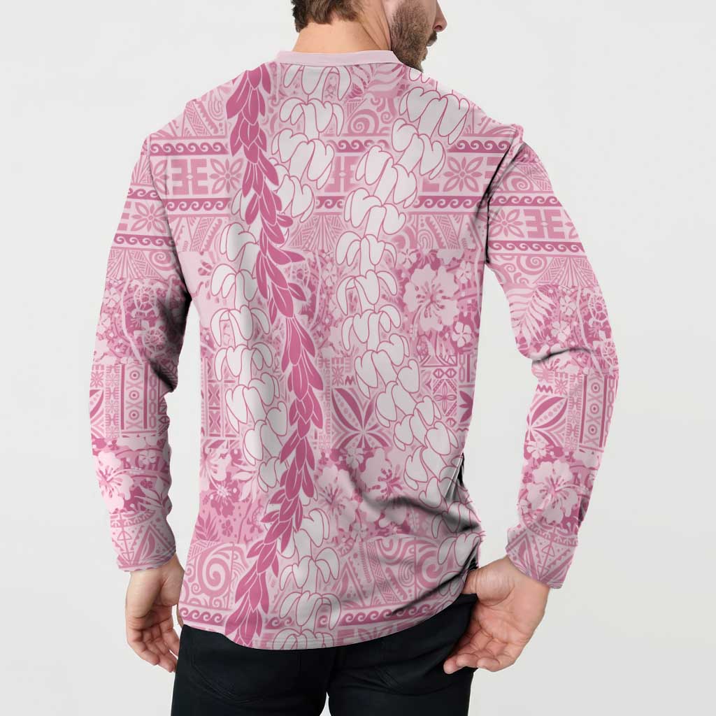 Pink Puakenikeni and Maile Lei Button Sweatshirt Hawaiian Style Tribal Tapa Double Strand Lei LT9 - Polynesian Pride