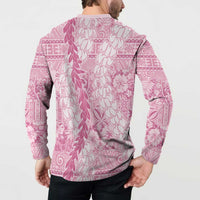 Pink Puakenikeni and Maile Lei Button Sweatshirt Hawaiian Style Tribal Tapa Double Strand Lei LT9 - Polynesian Pride