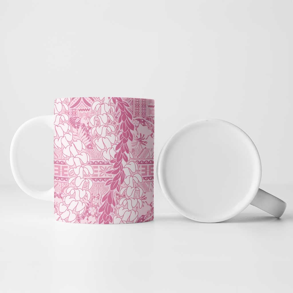 Pink Puakenikeni and Maile Lei Ceramic Mug Hawaiian Style Tribal Tapa Double Strand Lei - Polynesian Pride