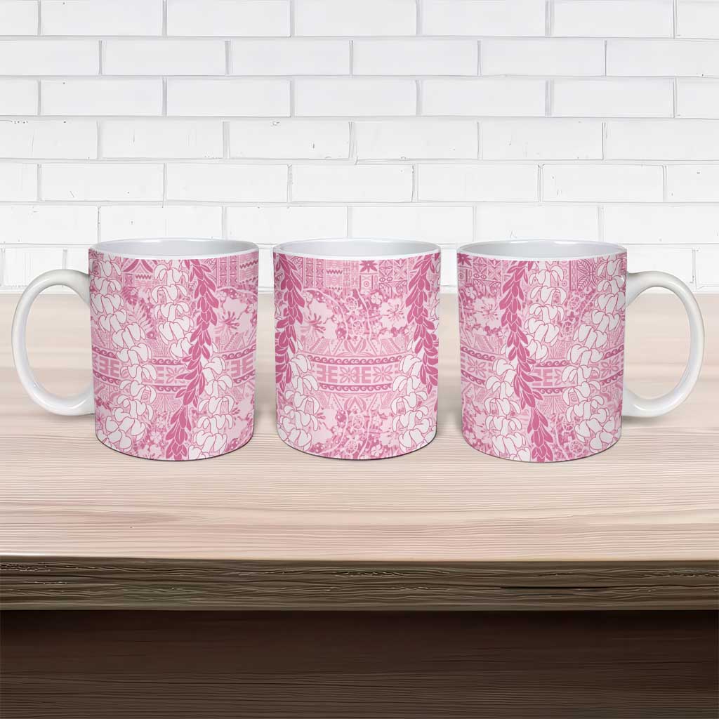 Pink Puakenikeni and Maile Lei Ceramic Mug Hawaiian Style Tribal Tapa Double Strand Lei - Polynesian Pride