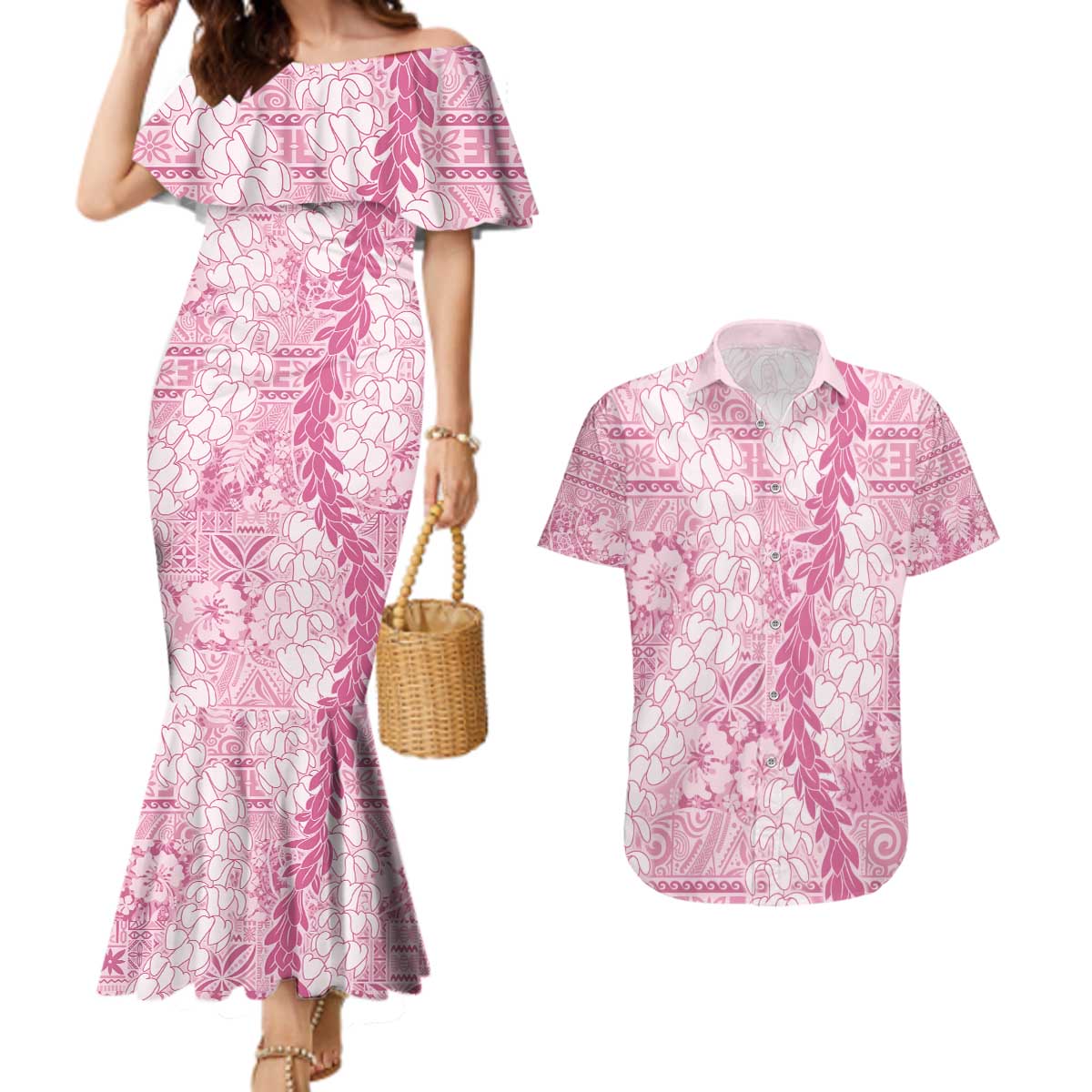 Pink Puakenikeni and Maile Lei Couples Matching Mermaid Dress and Hawaiian Shirt Hawaiian Style Tribal Tapa Double Strand Lei