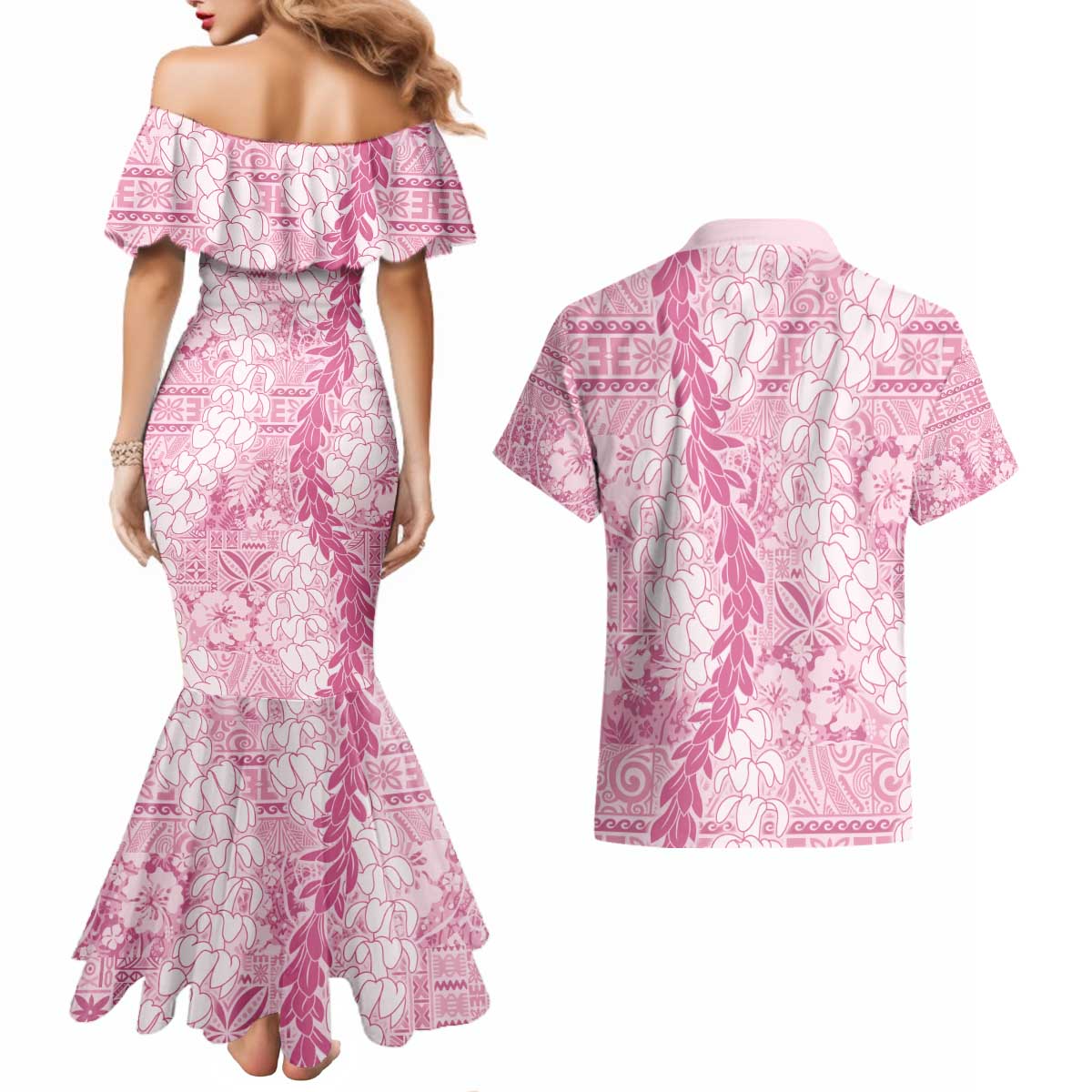 Pink Puakenikeni and Maile Lei Couples Matching Mermaid Dress and Hawaiian Shirt Hawaiian Style Tribal Tapa Double Strand Lei