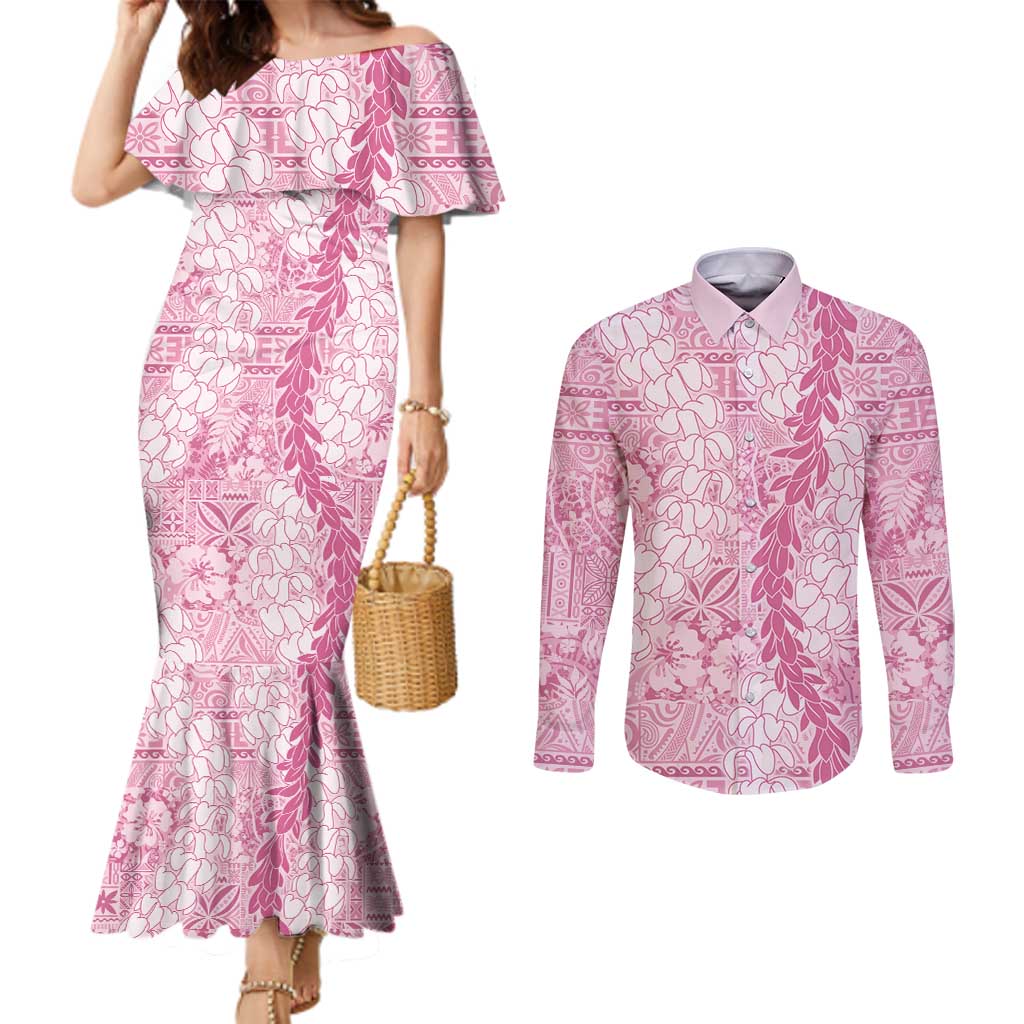 Pink Puakenikeni and Maile Lei Couples Matching Mermaid Dress and Long Sleeve Button Shirt Hawaiian Style Tribal Tapa Double Strand Lei