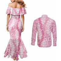 Pink Puakenikeni and Maile Lei Couples Matching Mermaid Dress and Long Sleeve Button Shirt Hawaiian Style Tribal Tapa Double Strand Lei