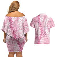 Pink Puakenikeni and Maile Lei Couples Matching Off Shoulder Short Dress and Hawaiian Shirt Hawaiian Style Tribal Tapa Double Strand Lei