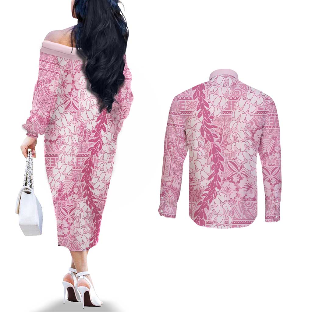 Pink Puakenikeni and Maile Lei Couples Matching Off The Shoulder Long Sleeve Dress and Long Sleeve Button Shirt Hawaiian Style Tribal Tapa Double Strand Lei