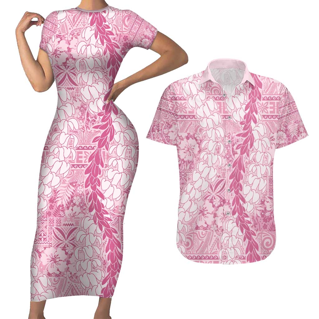 Pink Puakenikeni and Maile Lei Couples Matching Short Sleeve Bodycon Dress and Hawaiian Shirt Hawaiian Style Tribal Tapa Double Strand Lei
