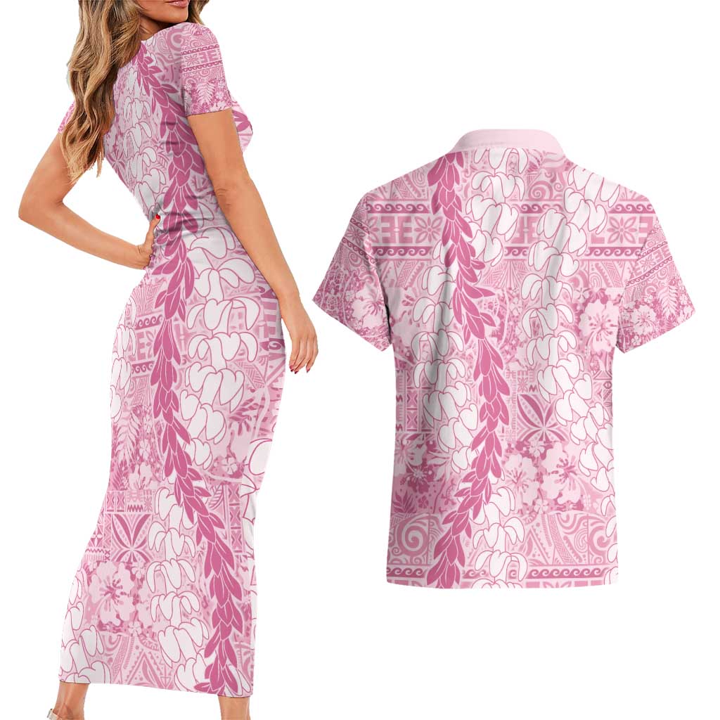 Pink Puakenikeni and Maile Lei Couples Matching Short Sleeve Bodycon Dress and Hawaiian Shirt Hawaiian Style Tribal Tapa Double Strand Lei