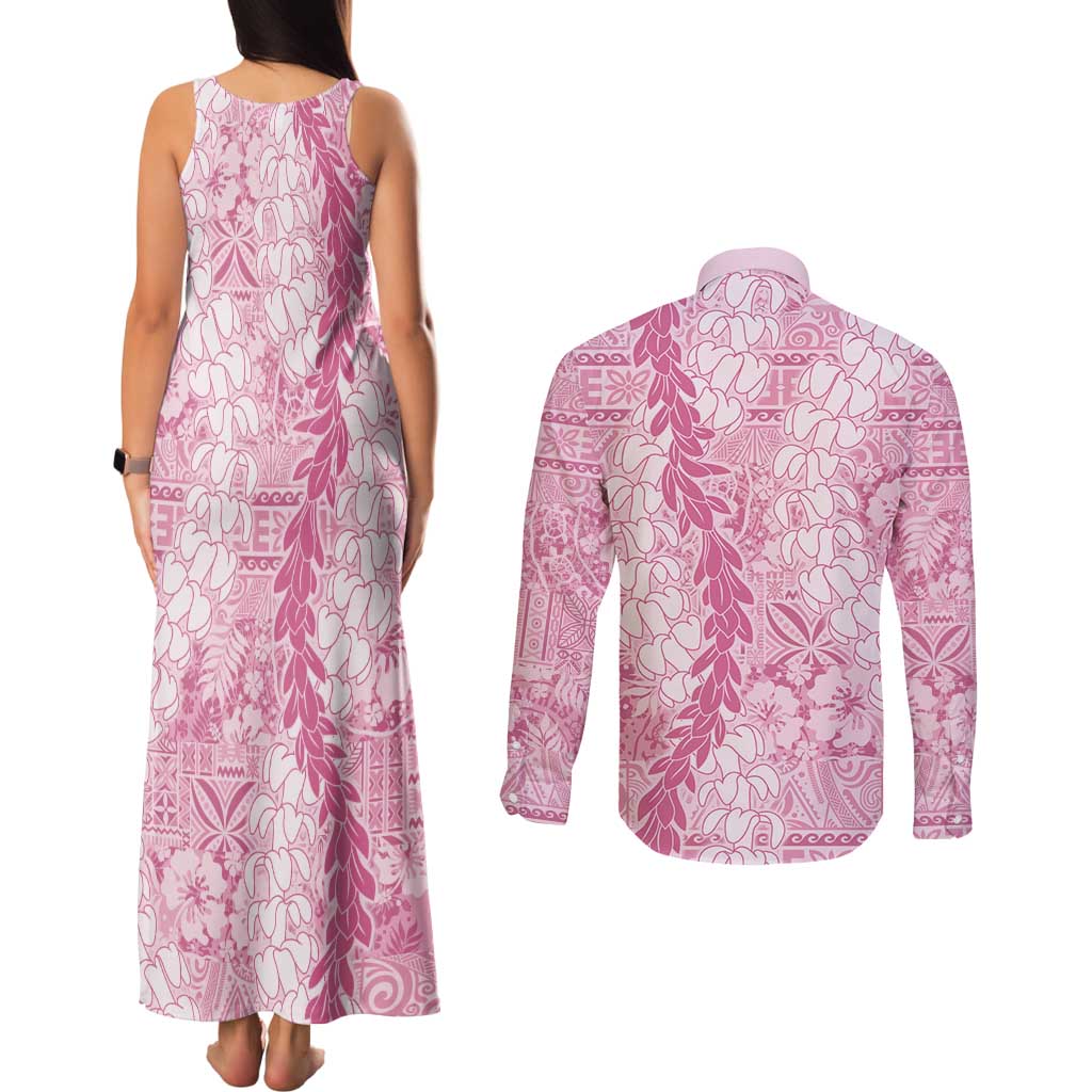 Pink Puakenikeni and Maile Lei Couples Matching Tank Maxi Dress and Long Sleeve Button Shirt Hawaiian Style Tribal Tapa Double Strand Lei