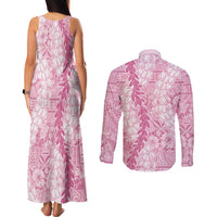Pink Puakenikeni and Maile Lei Couples Matching Tank Maxi Dress and Long Sleeve Button Shirt Hawaiian Style Tribal Tapa Double Strand Lei