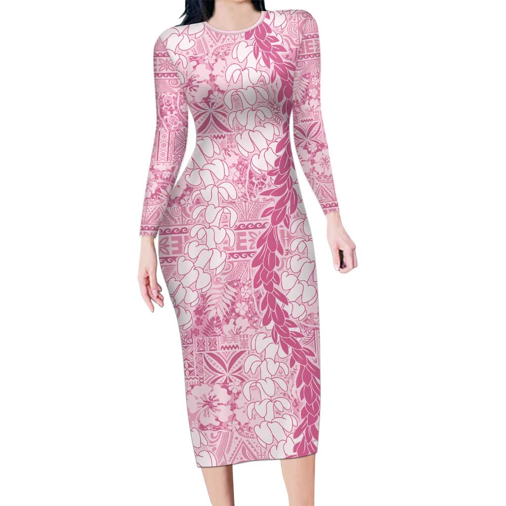 Pink Puakenikeni and Maile Lei Family Matching Long Sleeve Bodycon Dress and Hawaiian Shirt Hawaiian Style Tribal Tapa Double Strand Lei