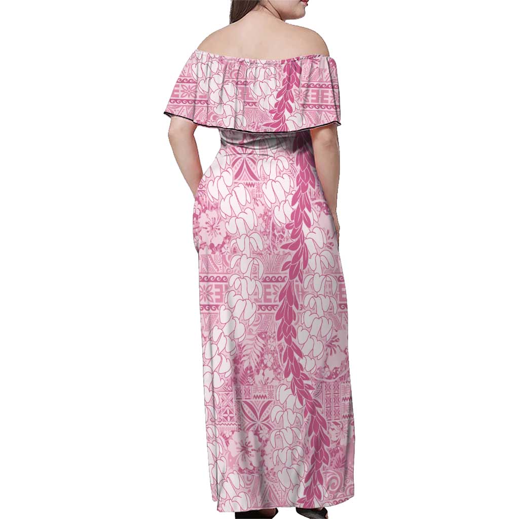 Pink Puakenikeni and Maile Lei Family Matching Off Shoulder Maxi Dress and Hawaiian Shirt Hawaiian Style Tribal Tapa Double Strand Lei