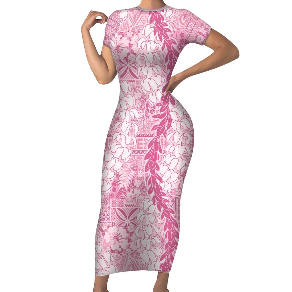 Pink Puakenikeni and Maile Lei Family Matching Short Sleeve Bodycon Dress and Hawaiian Shirt Hawaiian Style Tribal Tapa Double Strand Lei