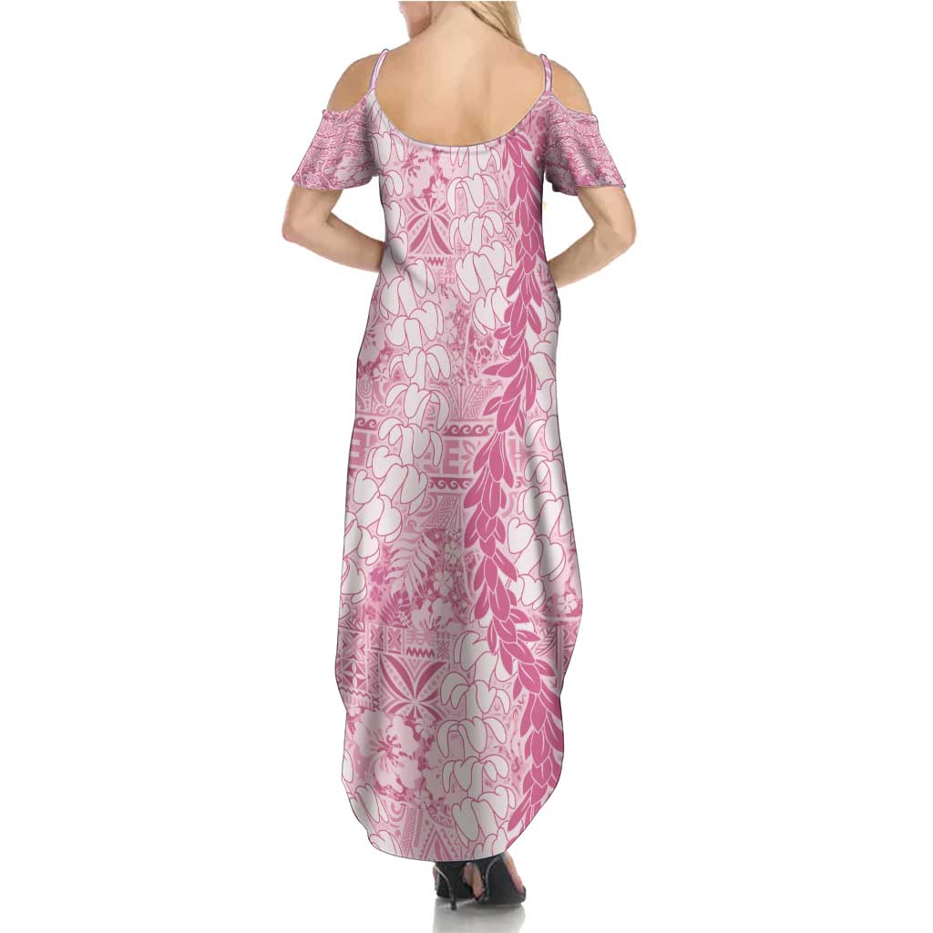 Pink Puakenikeni and Maile Lei Family Matching Summer Maxi Dress and Hawaiian Shirt Hawaiian Style Tribal Tapa Double Strand Lei