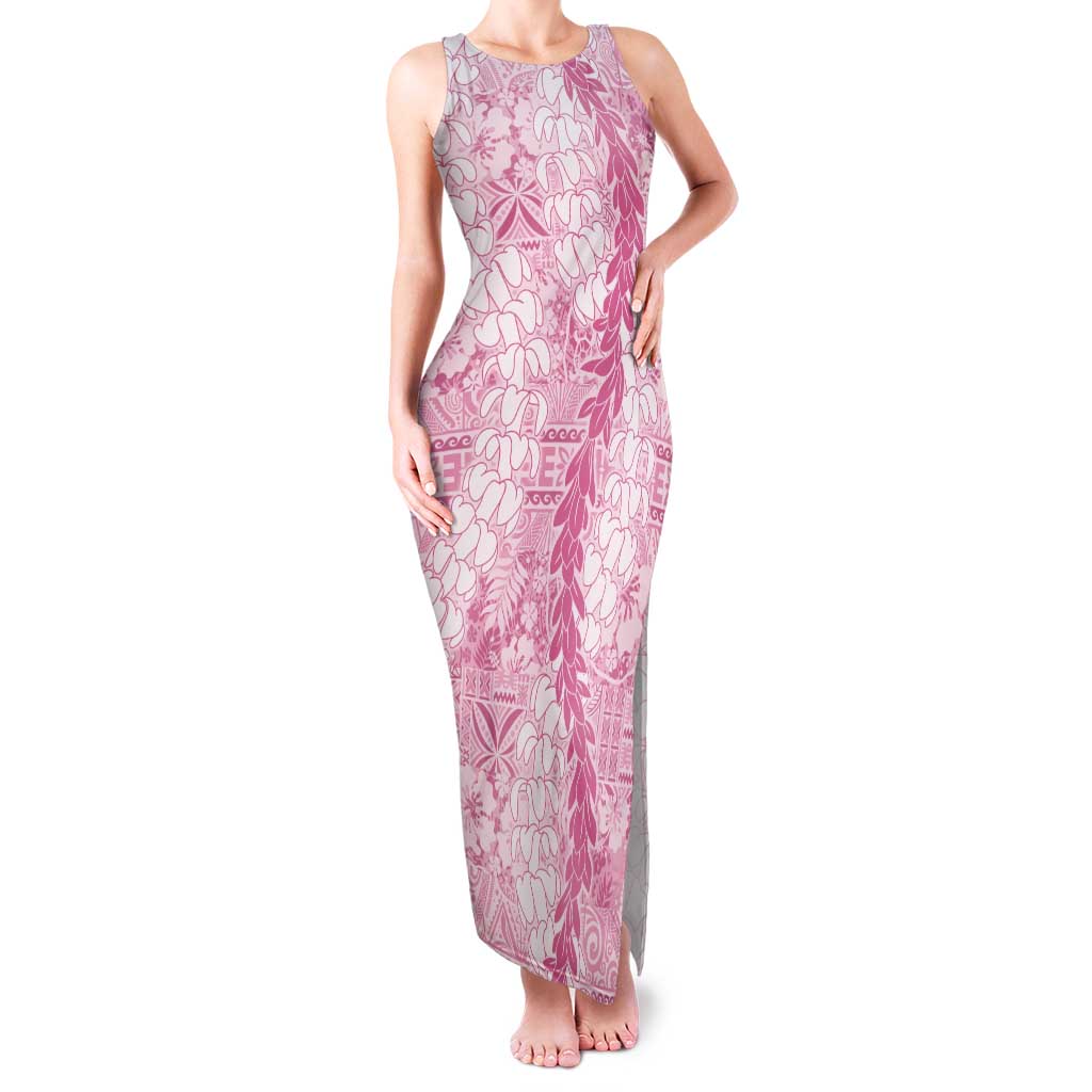 Pink Puakenikeni and Maile Lei Family Matching Tank Maxi Dress and Hawaiian Shirt Hawaiian Style Tribal Tapa Double Strand Lei