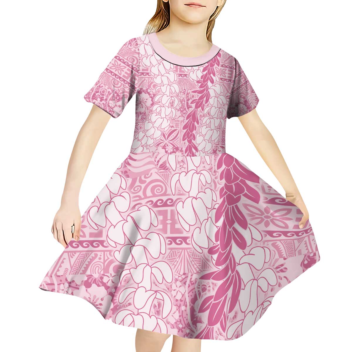 Pink Puakenikeni and Maile Lei Kid Short Sleeve Dress Hawaiian Style Tribal Tapa Double Strand Lei