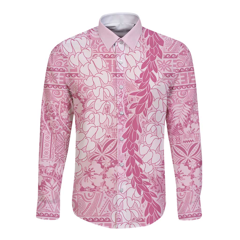 Pink Puakenikeni and Maile Lei Long Sleeve Button Shirt Hawaiian Style Tribal Tapa Double Strand Lei LT9 Unisex Pink - Polynesian Pride