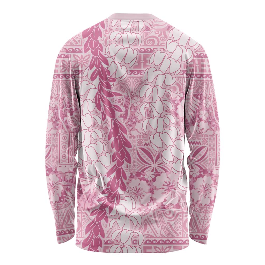 Pink Puakenikeni and Maile Lei Long Sleeve Shirt Hawaiian Style Tribal Tapa Double Strand Lei