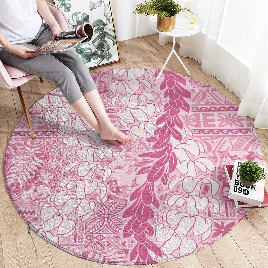 Pink Puakenikeni and Maile Lei Round Carpet Hawaiian Style Tribal Tapa Double Strand Lei