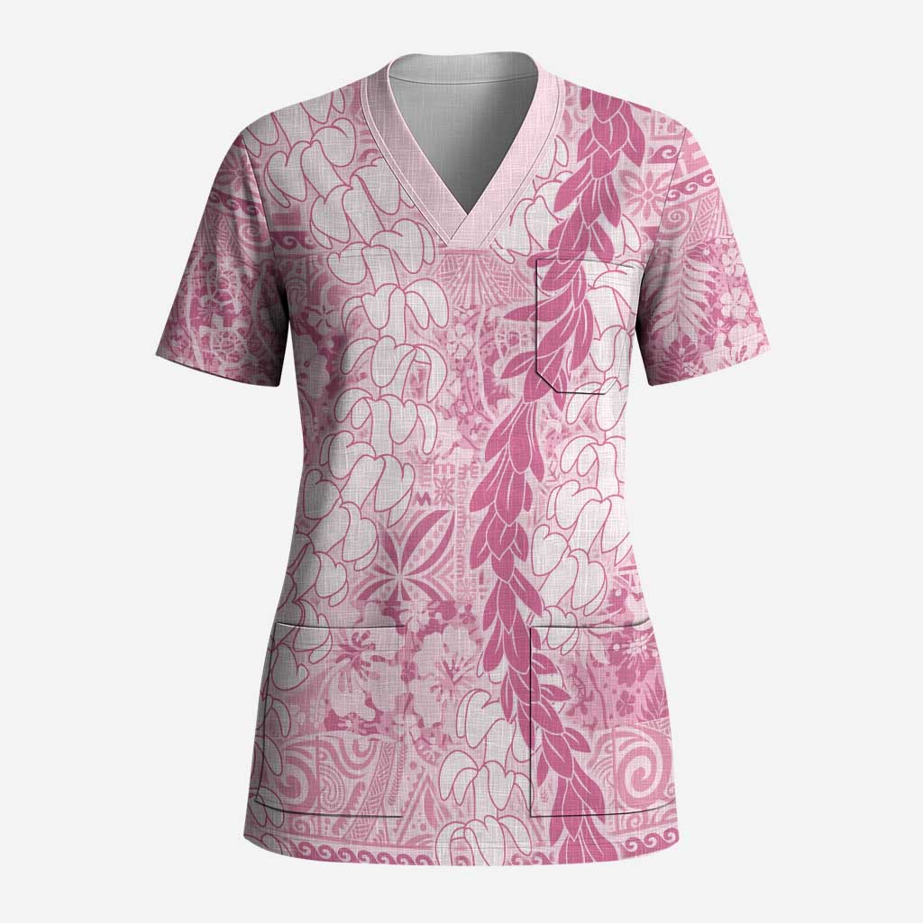 Pink Puakenikeni and Maile Lei Scrub Top Hawaiian Style Tribal Tapa Double Strand Lei - Polynesian Pride