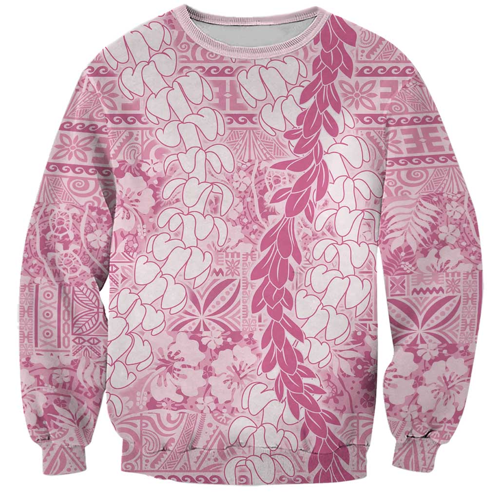 Pink Puakenikeni and Maile Lei Sweatshirt Hawaiian Style Tribal Tapa Double Strand Lei LT9 Unisex Pink - Polynesian Pride
