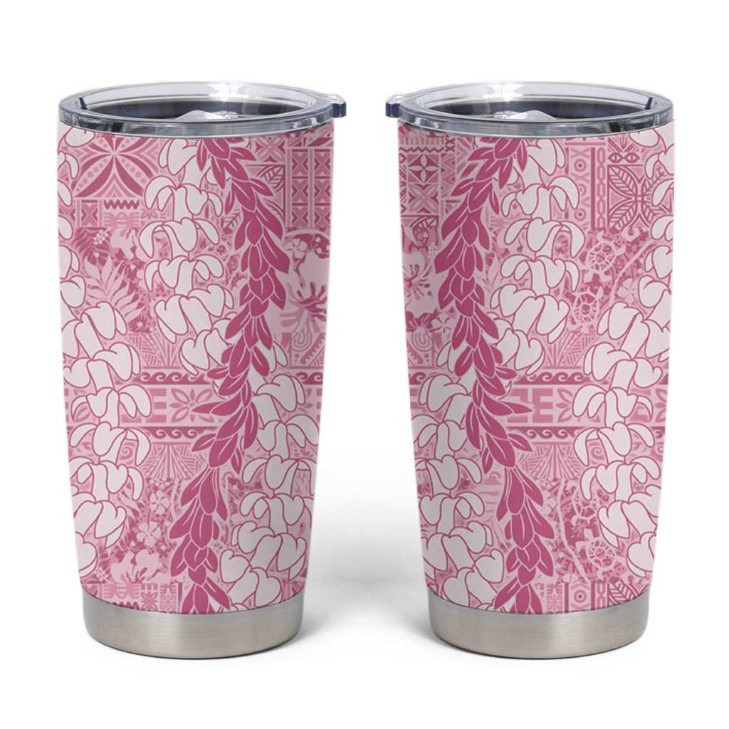 Pink Puakenikeni and Maile Lei Tumbler Cup Hawaiian Style Tribal Tapa Double Strand Lei