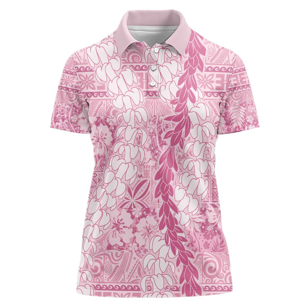 Pink Puakenikeni and Maile Lei Women Polo Shirt Hawaiian Style Tribal Tapa Double Strand Lei