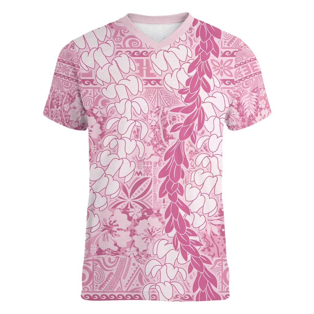 Pink Puakenikeni and Maile Lei Women V-Neck T-Shirt Hawaiian Style Tribal Tapa Double Strand Lei