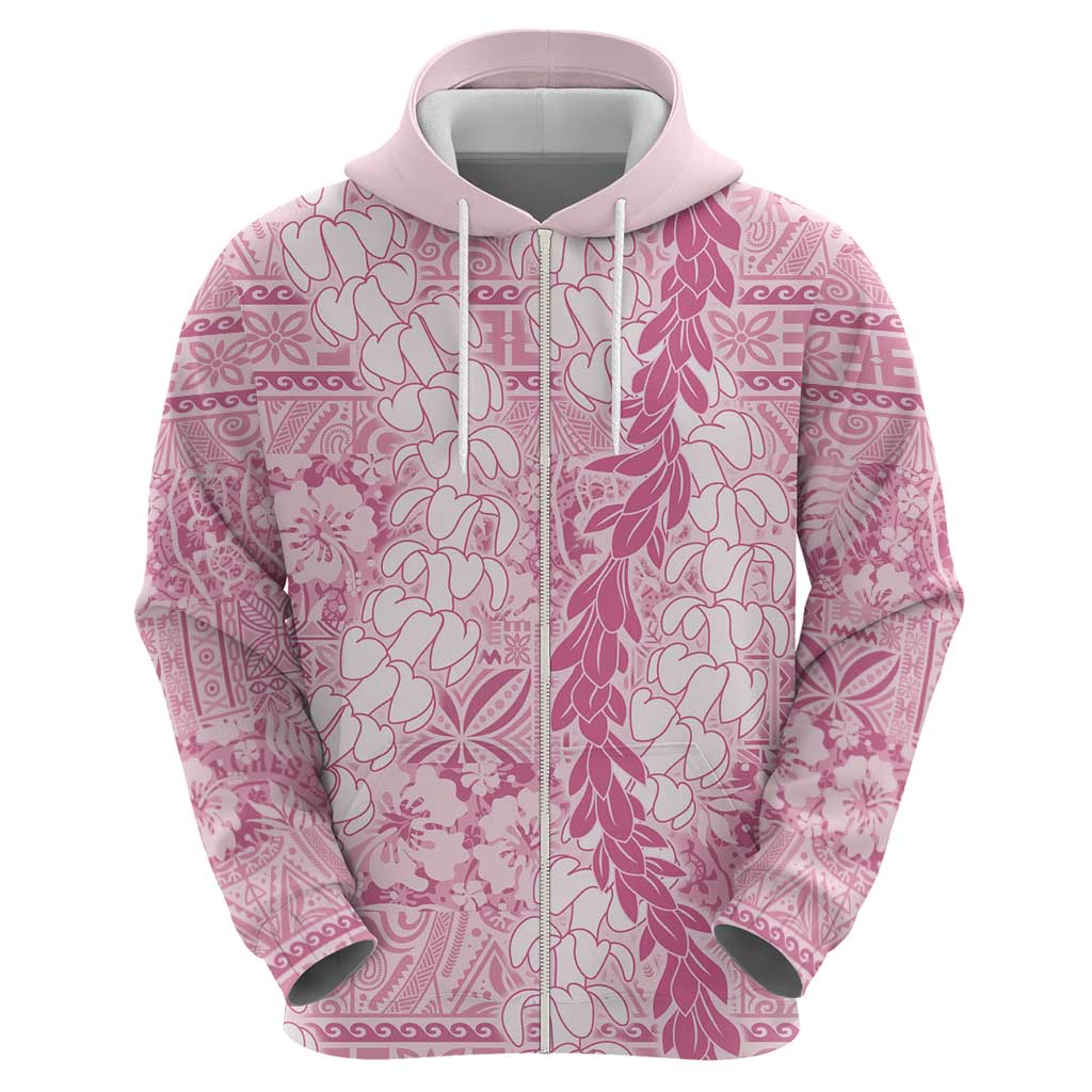 Pink Puakenikeni and Maile Lei Zip Hoodie Hawaiian Style Tribal Tapa Double Strand Lei