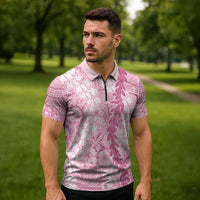 Pink Puakenikeni and Maile Lei Zipper Polo Shirt Hawaiian Style Tribal Tapa Double Strand Lei - Polynesian Pride