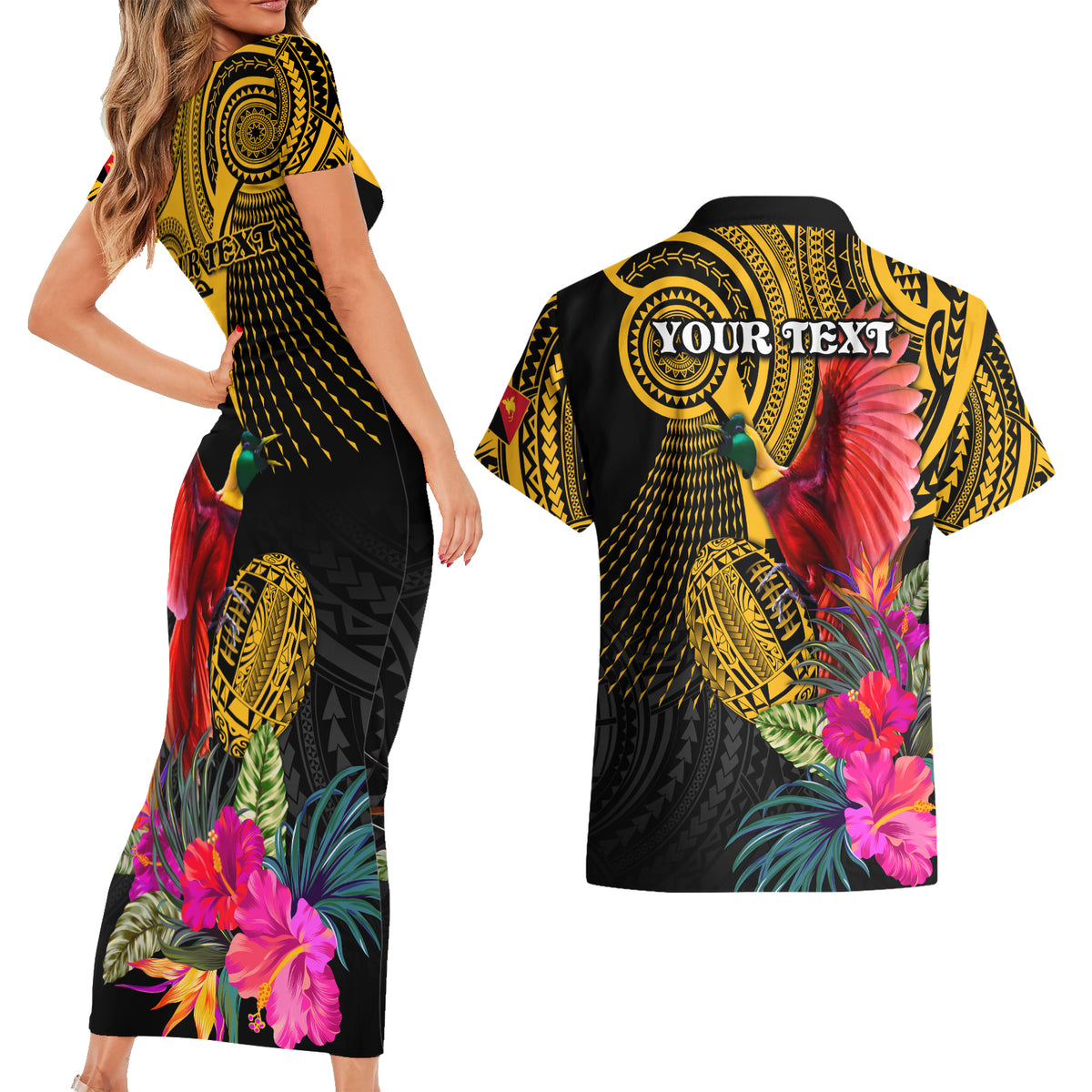 Personalised Papua New Guinea Rugby Couples Matching Short Sleeve Bodycon Dress and Hawaiian Shirt PNG Kumuls Champions Pacific Bowl LT9 - Polynesian Pride