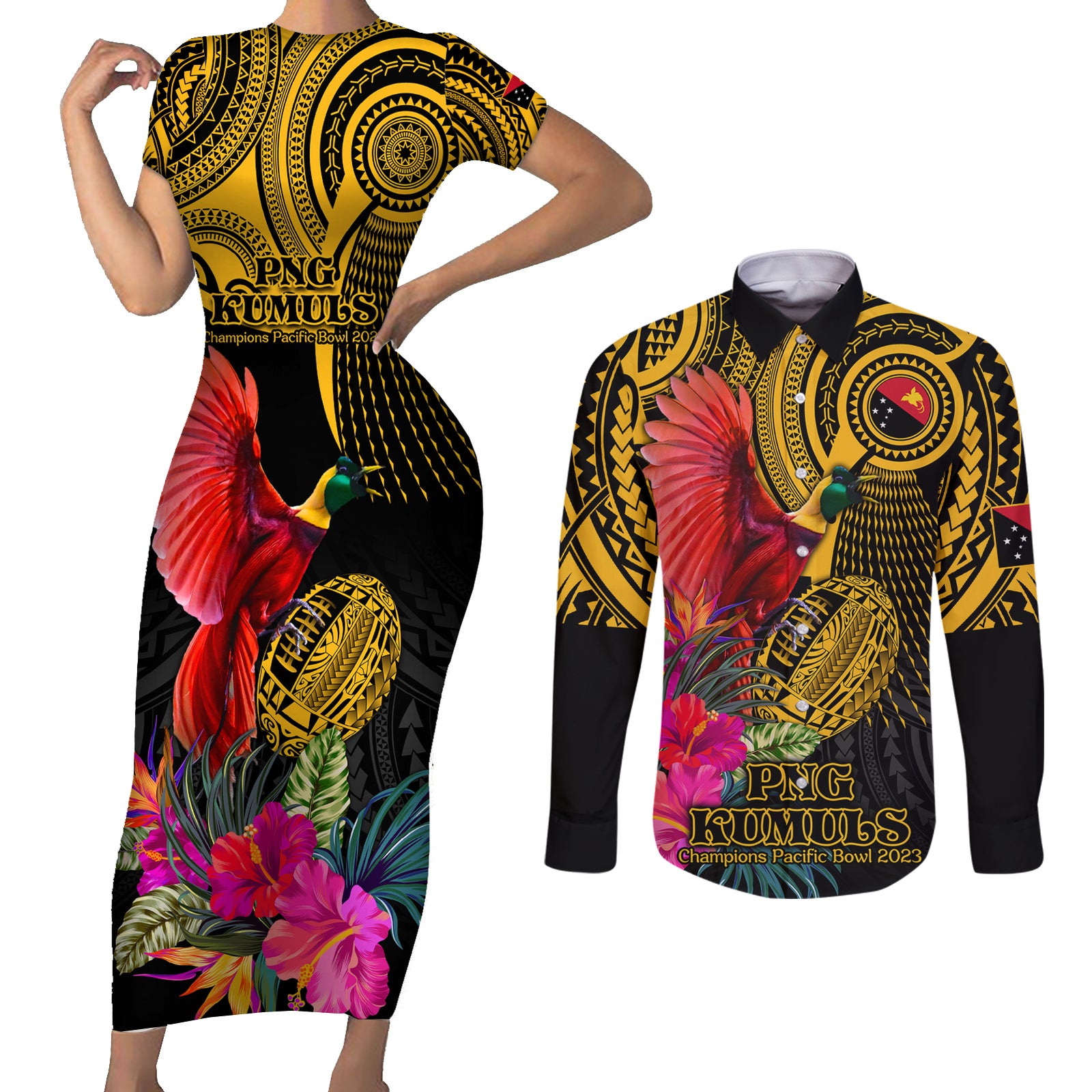 Personalised Papua New Guinea Rugby Couples Matching Short Sleeve Bodycon Dress and Long Sleeve Button Shirt PNG Kumuls Champions Pacific Bowl LT9 Gold - Polynesian Pride