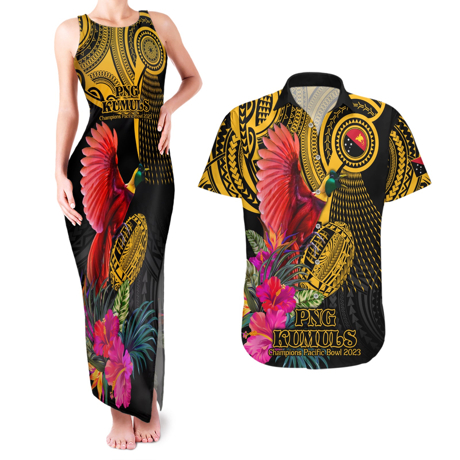 Personalised Papua New Guinea Rugby Couples Matching Tank Maxi Dress and Hawaiian Shirt PNG Kumuls Champions Pacific Bowl LT9 Gold - Polynesian Pride