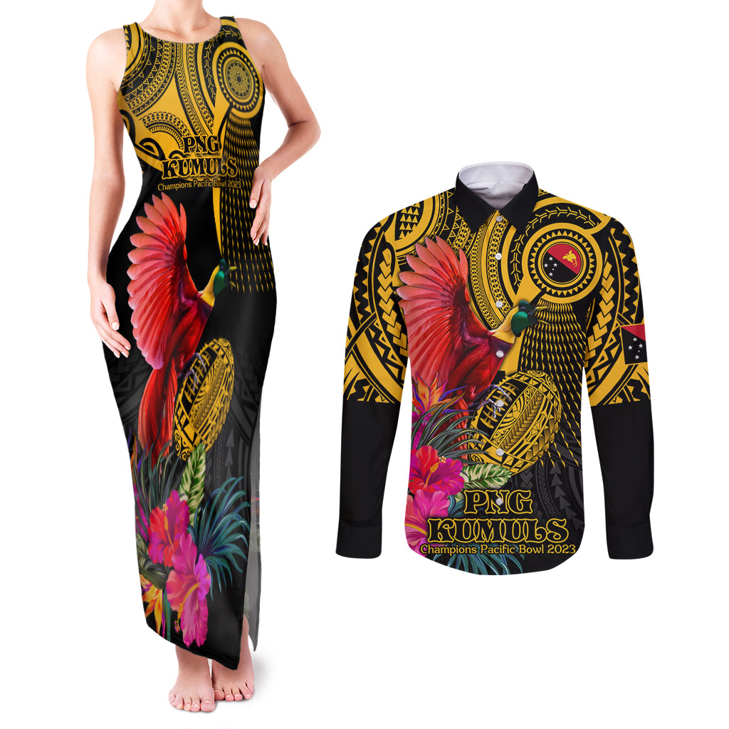 Personalised Papua New Guinea Rugby Couples Matching Tank Maxi Dress and Long Sleeve Button Shirt PNG Kumuls Champions Pacific Bowl LT9 Gold - Polynesian Pride