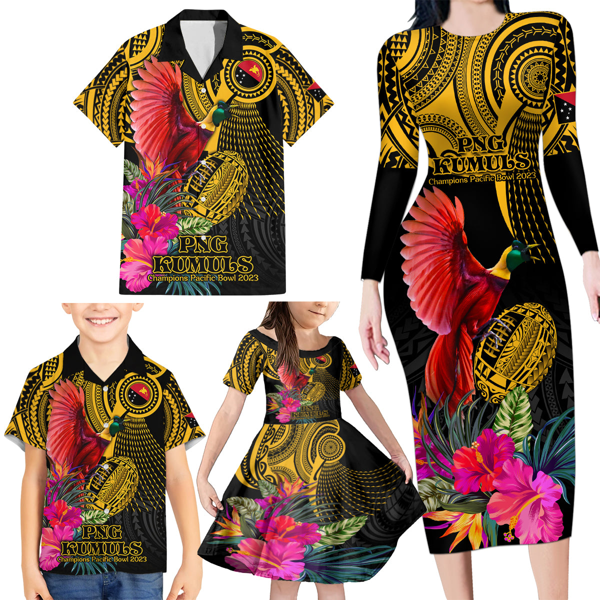 Personalised Papua New Guinea Rugby Family Matching Long Sleeve Bodycon Dress and Hawaiian Shirt PNG Kumuls Champions Pacific Bowl LT9 - Polynesian Pride