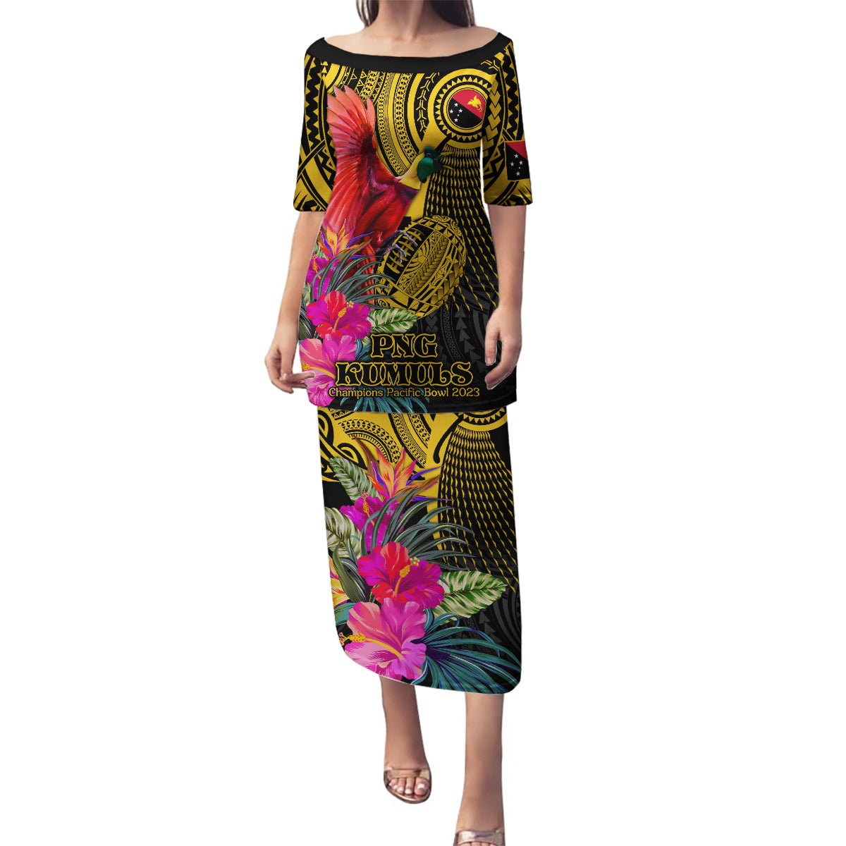 Personalised Papua New Guinea Rugby Family Matching Puletasi Dress and Hawaiian Shirt PNG Kumuls Champions Pacific Bowl LT9 Mom's Dress Gold - Polynesian Pride
