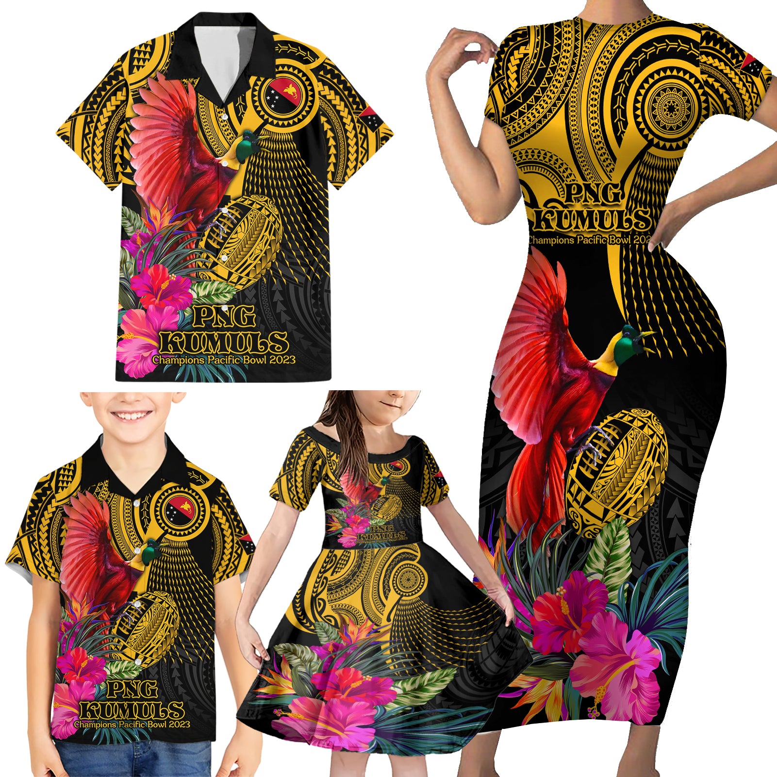 Personalised Papua New Guinea Rugby Family Matching Short Sleeve Bodycon Dress and Hawaiian Shirt PNG Kumuls Champions Pacific Bowl LT9 - Polynesian Pride