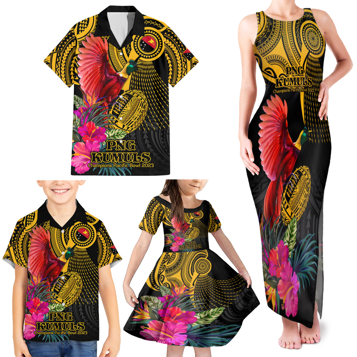 Personalised Papua New Guinea Rugby Family Matching Tank Maxi Dress and Hawaiian Shirt PNG Kumuls Champions Pacific Bowl LT9 - Polynesian Pride