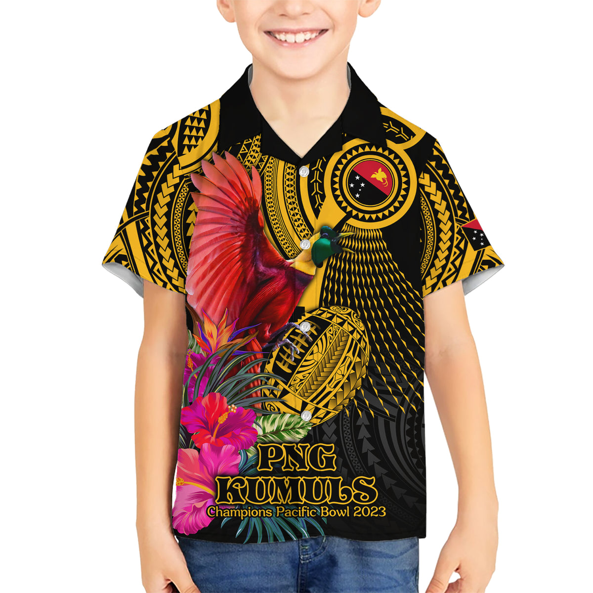 Personalised Papua New Guinea Rugby Kid Hawaiian Shirt PNG Kumuls Champions Pacific Bowl LT9 Kid Gold - Polynesian Pride