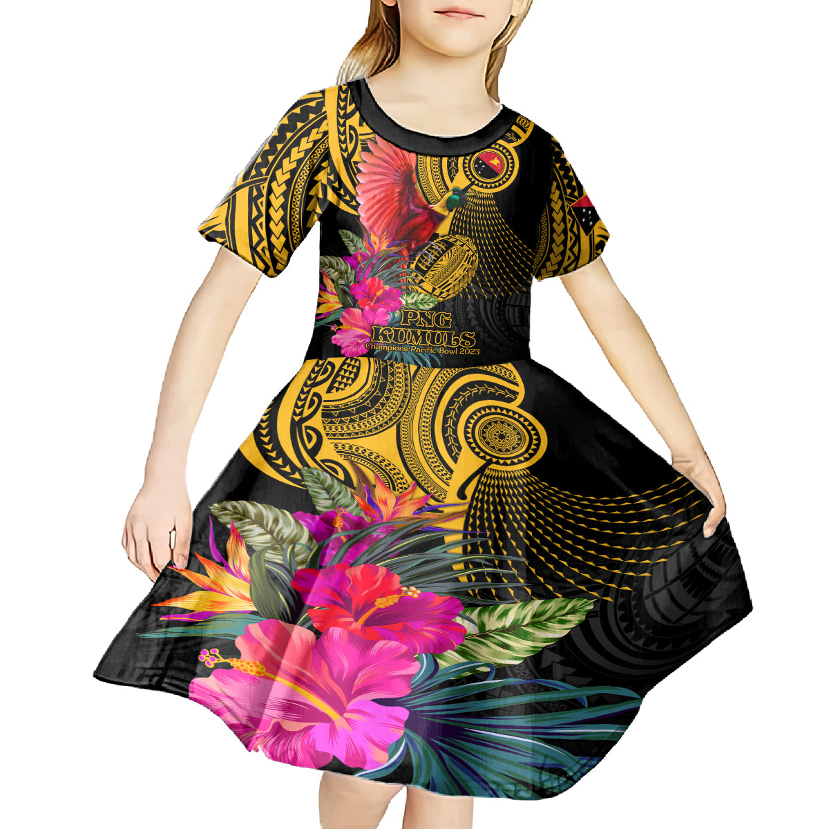 Personalised Papua New Guinea Rugby Kid Short Sleeve Dress PNG Kumuls Champions Pacific Bowl LT9 - Polynesian Pride