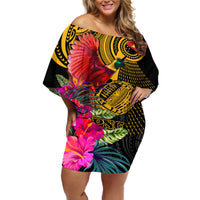 Personalised Papua New Guinea Rugby Off Shoulder Short Dress PNG Kumuls Champions Pacific Bowl LT9 Women Gold - Polynesian Pride