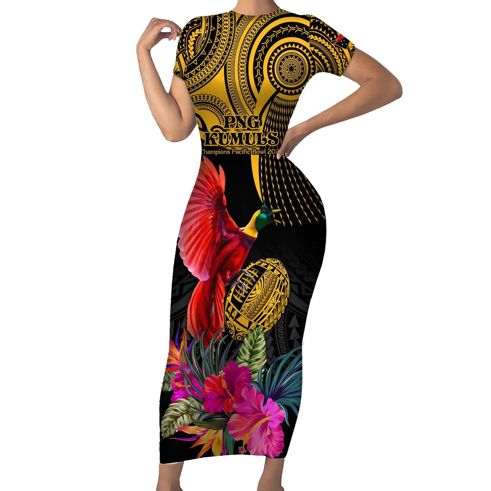 Personalised Papua New Guinea Rugby Short Sleeve Bodycon Dress PNG Kumuls Champions Pacific Bowl LT9 Long Dress Gold - Polynesian Pride