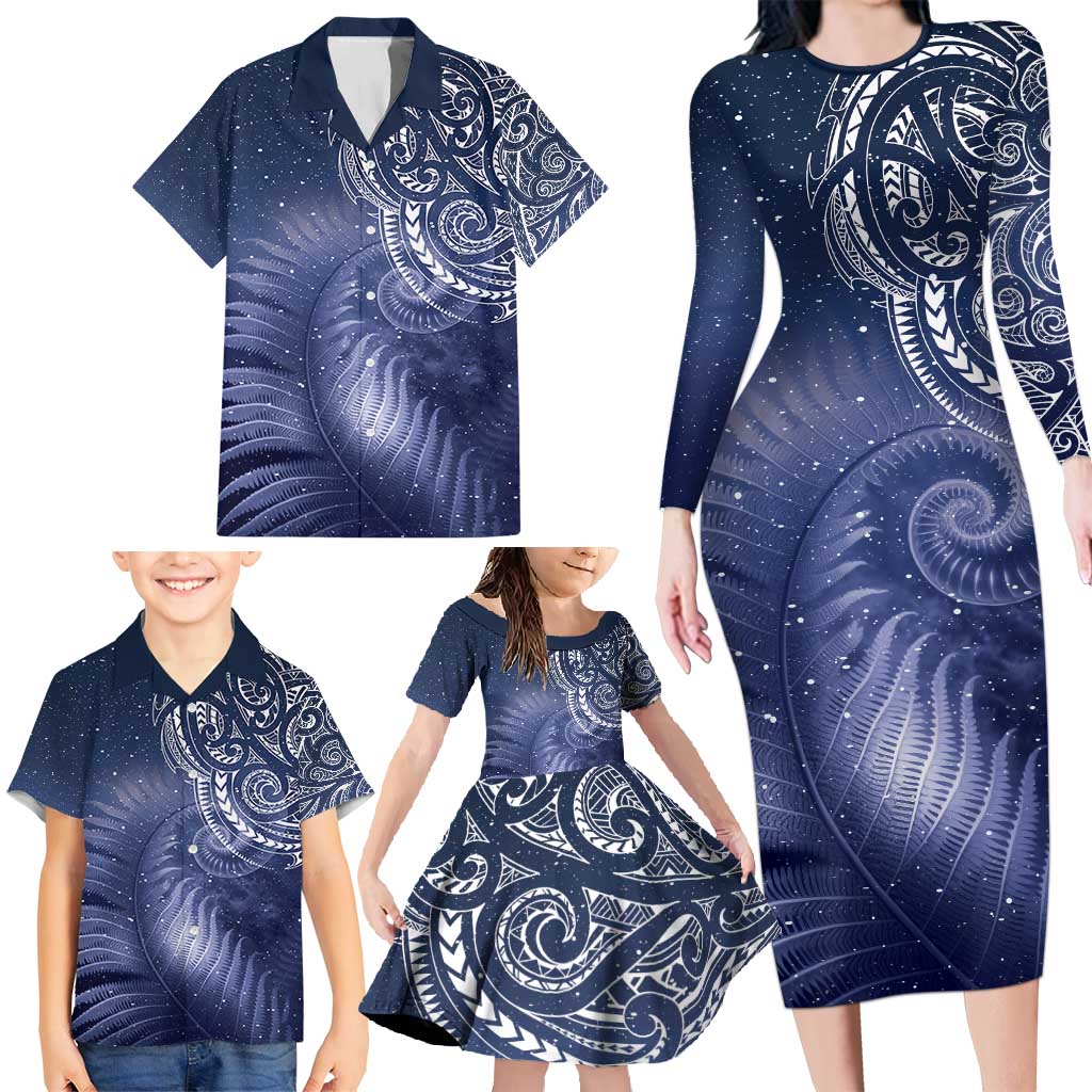 New Zealand Galaxy Fern Family Matching Long Sleeve Bodycon Dress and Hawaiian Shirt