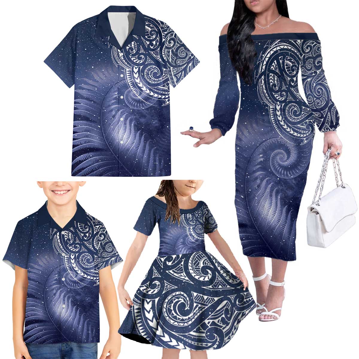 New Zealand Galaxy Fern Family Matching Off The Shoulder Long Sleeve Dress and Hawaiian Shirt