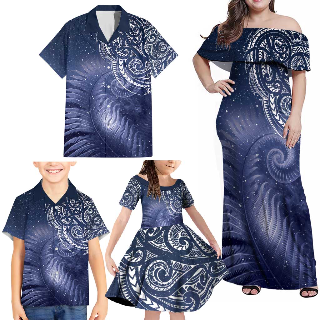 New Zealand Galaxy Fern Family Matching Off Shoulder Maxi Dress and Hawaiian Shirt