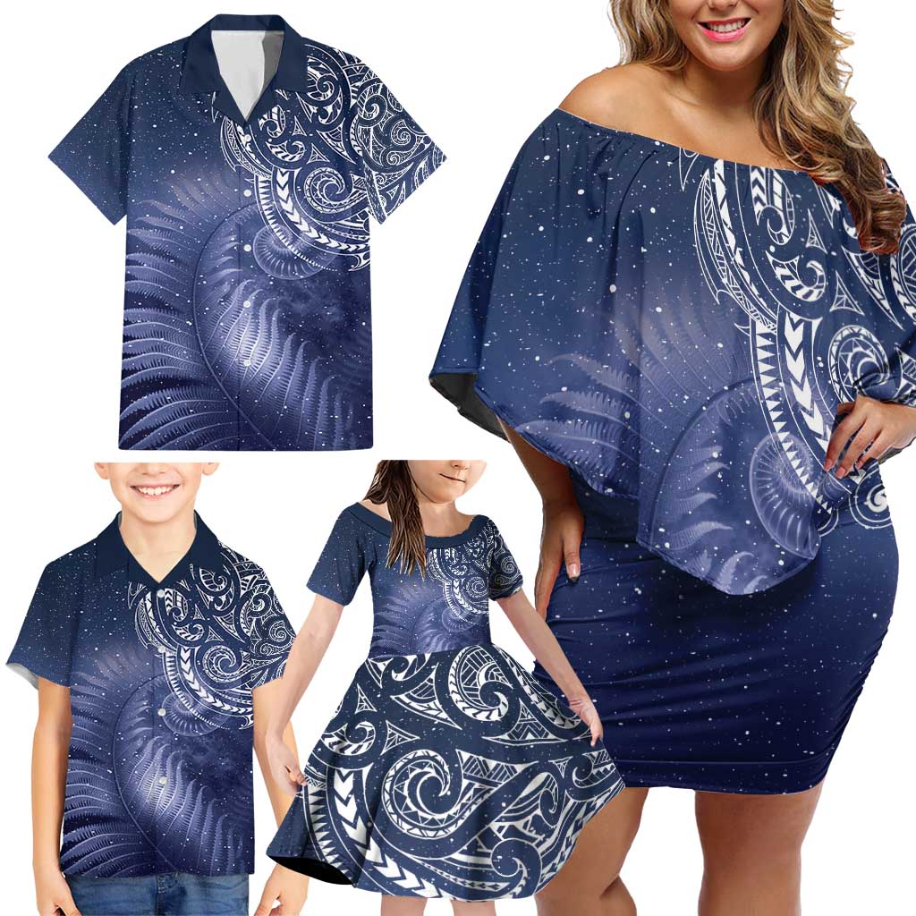 New Zealand Galaxy Fern Family Matching Off Shoulder Short Dress and Hawaiian Shirt