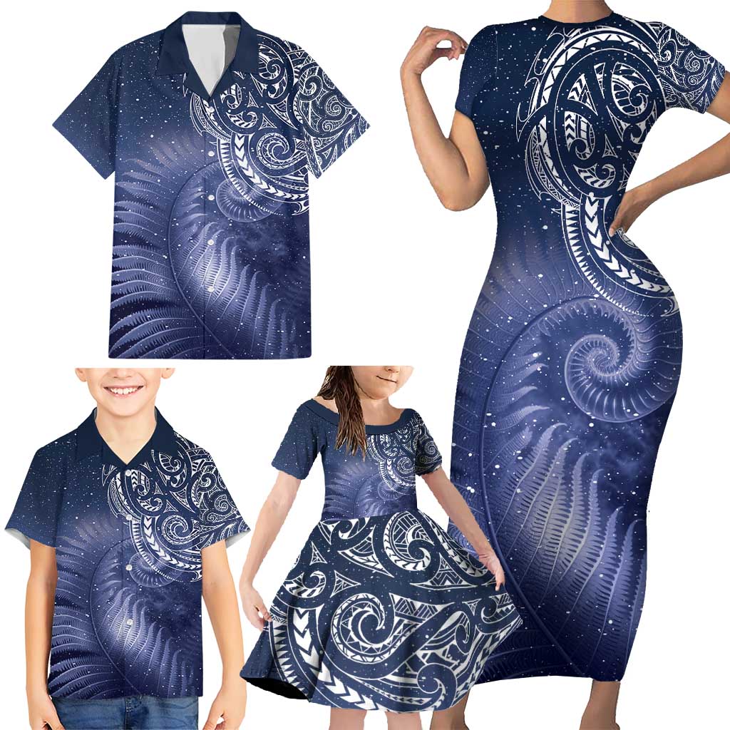 New Zealand Galaxy Fern Family Matching Short Sleeve Bodycon Dress and Hawaiian Shirt