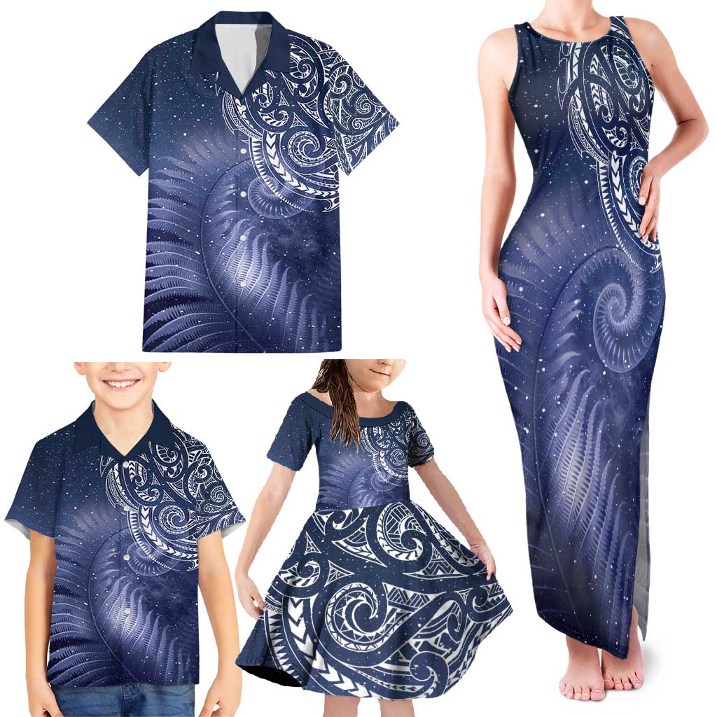 New Zealand Galaxy Fern Family Matching Tank Maxi Dress and Hawaiian Shirt